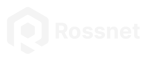 White Hexagon with negative space 'R' inside to represent 'Rossnet', followed by the text 'Rossnet'.