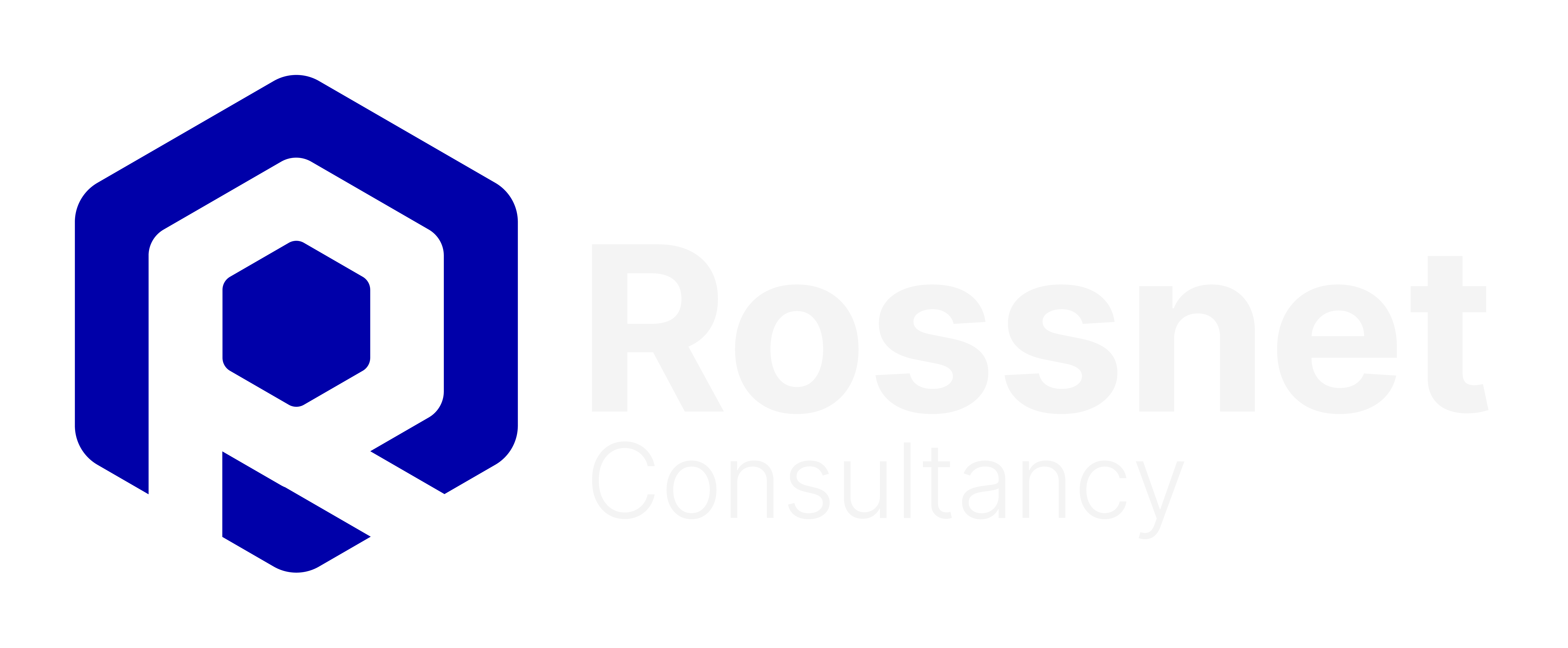Royal Blue Hexagon with white 'R' inside to represent 'Rossnet', followed by the text 'Rossnet Consultancy'.